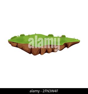 Flying Island mit Boden und Gras isoliert auf weißem Hintergrund, detailliert im Cartoon-Stil. UI-Spielelemente, Hintergrund für Standort, Element. Fantasie Stock Vektor