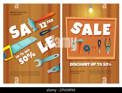 Bauwerkzeuge Verkauf Plakate. Hardware Shop Banner mit Verkauf und Rabatt. Vektorflyer mit Cartoon-Illustration von Schreinerei- und Reparaturinstrumenten, Hammer, Säge und Schraubenschlüssel auf Holzwand Stock Vektor