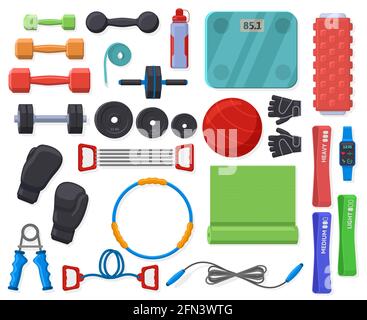 Heimfitnessgeräte. Sport-Training-Zubehör für zu Hause oder Fitness-Übung, Gymnastik und Fitness-Vektor-Symbole-Set. Geräte für einen gesunden Lebensstil Stock Vektor