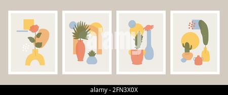 Poster mit abstrakten Vasen. Abstrakte minimalistische Vasen, Blumen und Blätter Formen, handgezeichnete Stillleben Vektor Illustration Set. Zeitgenössische abstrakte Kunst Stock Vektor