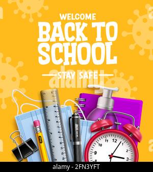 Back to School Kampagne Vektor-Design. Willkommen zurück in der Schule Bleiben Sie sicher Text mit 3d-Bildungsmaterialien für die Bildung neue normale Prävention. Vektor Stock Vektor