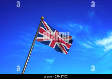 3D-gerendertes Bild. Flagge des Vereinigten Königreichs winkt im Wind. Stockfoto