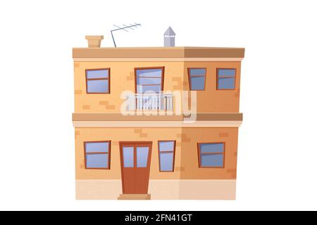Detaillierte niedliche Haus, Vorstadthaus im Cartoon-Stil isoliert auf weißem Hintergrund. Vorderansicht mit Fenstern, Tür, Dach. Wohnheim, schönes pla Stock Vektor