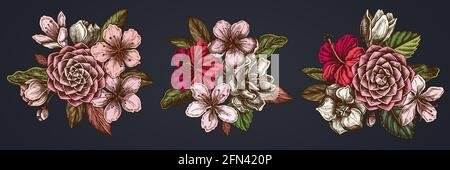 Blumenstrauß aus farbigem Hibiskus, Pflaumenblüten, Pfirsichblüten, Sakura-Blüten, Magnolienblüten, camellia japonica Stock Vektor