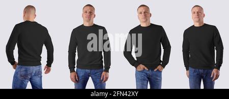 Modup Herren-Sweatshirt aus Textil mit einem sportlichen Mann in blauer Jeans, Vorder- und Rückansicht, leeres Kleidungsstück mit langen Ärmeln, zur Designpräsentation. Vorlage Stockfoto