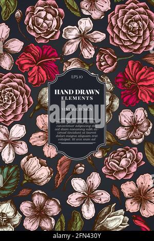 Kartendesign auf dunklem Hintergrund mit Hibiskus, Pflaumenblüten, Pfirsichblüten, Sakura-Blumen, Magnolienblüten, camellia japonica Stock Vektor