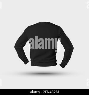 Vorlage aus schwarzem Pullover 3D-Rendering, mit realistischen Schatten, isoliert auf weißem Hintergrund, Rückansicht. Mockup leeres männliches Sweatshirt zur Präsentation Stockfoto