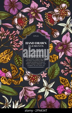 Kartendesign auf dunklem Hintergrund mit laelia, Feijoa-Blumen, Glory Bush, Papilio torquatus, Cinchona, cattleya aclandiae Stock Vektor