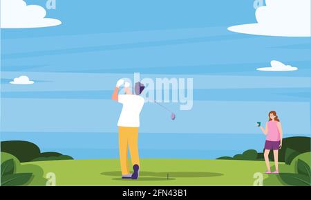 Das Paar spielt Golf im Garten Stock Vektor