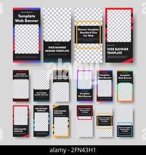 Vertikale schwarze Webbanner-Vorlagen mit Platz für Bilder und Rahmen mit Fotorändern. Eine Reihe von Standardgrößen für Unternehmen und Werbung. Vektor i Stock Vektor