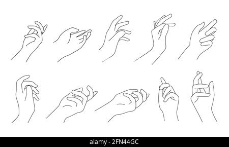 Handgesten aus verschiedenen Blickwinkeln. Schwarze Linie Kunst Zeichnung isoliert auf weißem Hintergrund. Flache Vektorgrafik Stock Vektor
