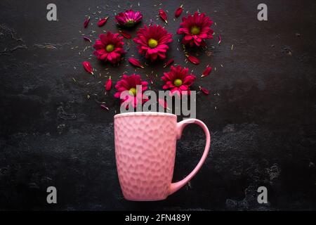 Rosa Tasse und Gerbera Blumen auf schwarzem Hintergrund. Streuung von Blumen und Blütenblättern Draufsicht Stockfoto