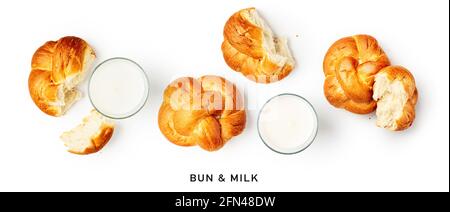 Glas Milch und frisches Brötchen kreatives Banner und Layout auf weißem Hintergrund. Gesunde Ernährung und Ernährung Konzept. Gesundes Frühstück. Flach liegend, Draufsicht. De Stockfoto