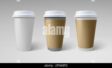 Vintage realistische schwarz-weiße Kaffeetasse Set Modell auf weißem Hintergrund. Realistisches 3d-Vektormockup für Coffee Shop. Espresso-Tasse Papierpaket Stock Vektor