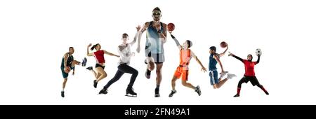 Collage von verschiedenen professionellen Sportlern, passen Menschen in Aktion und Bewegung isoliert auf weißem Hintergrund. Flyer. Stockfoto