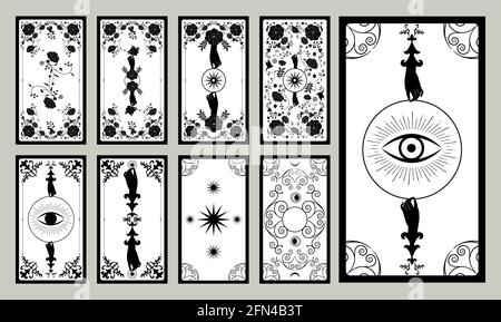 Rückseite der Tarot-Karte oder Spielkarte mit floralen Zierelementen und esoterischen Symbolen. Viktorianischer Vintage-Stil Stock Vektor