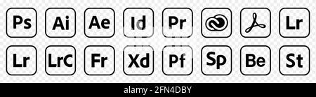 VINNYTSIA, UKRAINE - MAI 11 2021: Satz von beliebten Adobe Icons Produkte. Lineares Stilschild für mobiles Konzept und Webdesign. Redaktionelle Vektorgrafik Stock Vektor