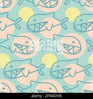 Fisch mit Haifischzähnen, blau-gelb-rosa Farbe, nahtloses Muster für Textildruck, Verpackungsdesign Dekoration. Meeresmuster Kinder flach Vektor i Stock Vektor