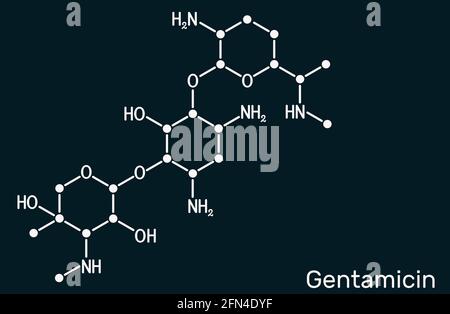 Gentamicin-Molekül. Es ist ein Antibiotikum des breiten Spektrums von Aminoglykosid. Chemische Formel des Skeletts auf dem dunkelblauen Hintergrund. Abbildung Stockfoto