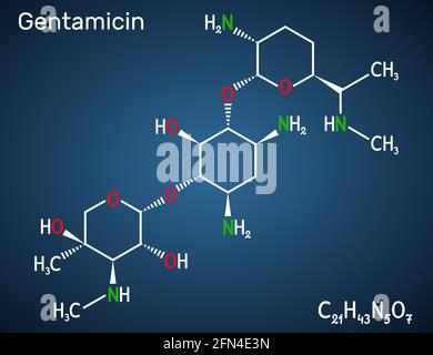 Gentamicin-Molekül. Es ist ein Antibiotikum des breiten Spektrums von Aminoglykosid. Strukturelle chemische Formel auf dem dunkelblauen Hintergrund. Vektorgrafik Stock Vektor
