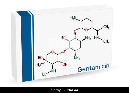 Gentamicin-Molekül. Es ist ein Antibiotikum des breiten Spektrums von Aminoglykosid. Chemische Formel des Skeletts. Papierverpackungen für Medikamente. Vektorgrafik Stock Vektor