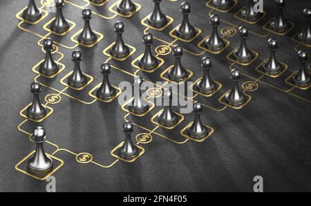 3D-Darstellung vieler Bauern und goldener Hierarchiediagramm auf schwarzem Hintergrund. MLM, Multi Level Marketing sheme Konzept. Stockfoto