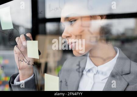 afroamerikanische Geschäftsfrau zeichnet Diagramm auf Glasplatine Stockfoto