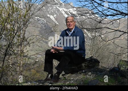 Der ehemalige EU-Brexit-Verhandlungsführer Michel Barnier posiert am 24. April 2021 in Saint-Martin-de-Belleville, Savoie, Frankreich, für Bilder. Foto von Elodie Gregoire/ABACAPRESS.COM Stockfoto
