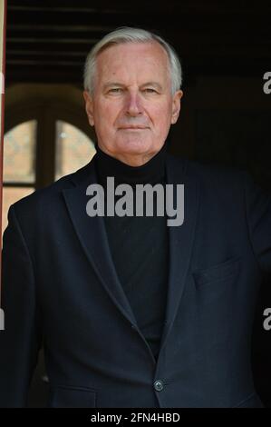 Der ehemalige EU-Brexit-Verhandlungsführer Michel Barnier posiert am 17. April 2021 zu Hause in La Ferte-Saint-Aubin, Frankreich, für Bilder. Foto von Elodie Gregoire/ABACAPRESS.COM Stockfoto