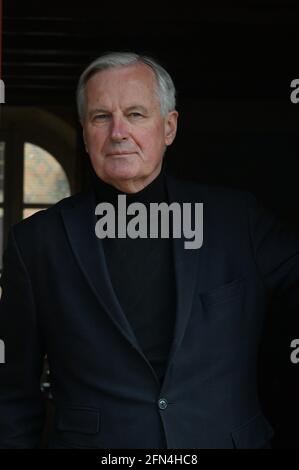 Der ehemalige EU-Brexit-Verhandlungsführer Michel Barnier posiert am 17. April 2021 zu Hause in La Ferte-Saint-Aubin, Frankreich, für Bilder. Foto von Elodie Gregoire/ABACAPRESS.COM Stockfoto