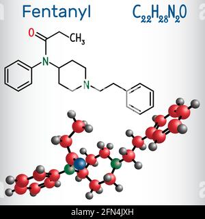 Fentanyl-Molekül. Es ist ein Opioid-Analgetikum. Strukturelle chemische Formel und Molekülmodell. Vektorgrafik Stock Vektor