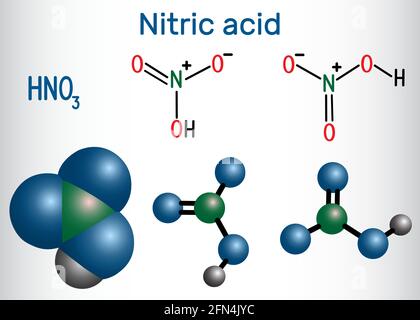 Salpetersäure (HNO3)-Molekül . Es handelt sich um eine stark korrosive Mineralsäure. Strukturelle chemische Formel und Molekülmodell. Vektorgrafik Stock Vektor