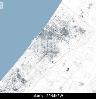 Satellitenansicht des Gazastreifens Nordseite. Straßen und Grenzen der palästinensischen Gebiete mit Israel. Politische Karte. Gaza-Stadt. Vektor Stock Vektor