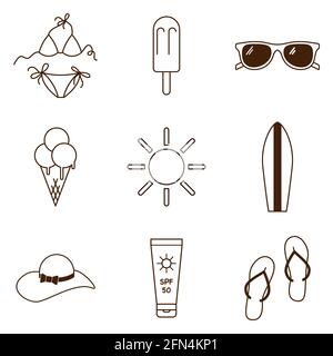 Schwarz-Weiß-Vektorgrafik-Kollektion von Sommer-Symbolen. Skizzieren Sie Symbole für Urlaub am Strand Freizeit Stock Vektor