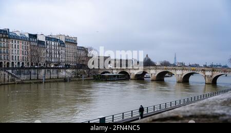 Blick auf die Pont Neuf über die seine in Paris, Frankreich an einem Wintertag Stockfoto