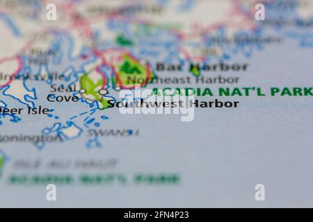 Southwest Harbor Maine USA auf einer Geographie-Karte oder angezeigt Straßenkarte Stockfoto