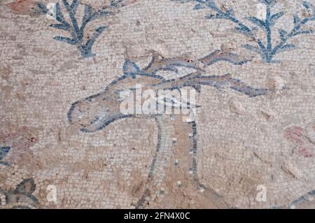 Jagdszene aus dem Mosaik „Beyond the Nile“ (Detail) Im Nil Haus im Zippori Nationalpark die Stadt Von Zippori (Sepphoris) EINE römisch-byzantinische pe Stockfoto