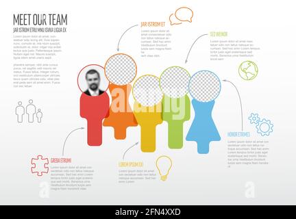 Vorlage für die Präsentation des Unternehmensteams mit Fotos des Teamprofils auf Symbolkörper und ein paar Beispieltexten zu jedem Teammitglied - lustige Foto-Team Stock Vektor