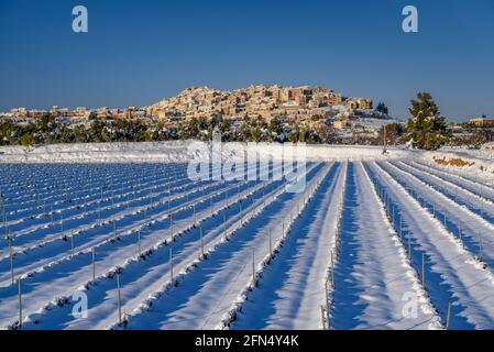 Horta de Sant Joan Dorf und Weinberge im Vordergrund, in einem Winter verschneiten Nachmittag nach einem starken Schneefall Terra Alta, Tarragona, Katalonien, Spanien Stockfoto