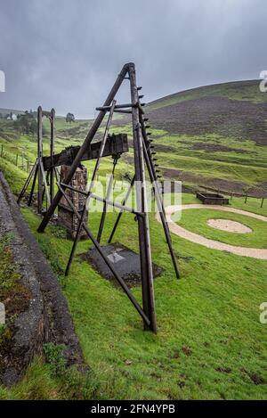 Die alte Beam Engine bei Wanlockhead in den Leadhills. Es wurde in einer alten Bleimine verwendet, um Wasser aus der Mine zu entfernen. Stockfoto