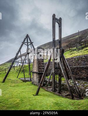 Die alte Beam Engine bei Wanlockhead in den Leadhills. Es wurde in einer alten Bleimine verwendet, um Wasser aus der Mine zu entfernen. Stockfoto