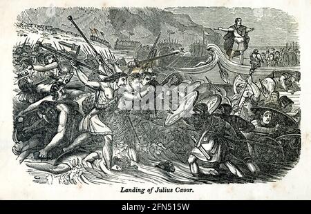 Landung von Julius Caesar aus dem Buch History of England : mit separaten historischen Skizzen von Schottland, Wales und Irland; von der Invasion von Julius Cæsar bis zum Beitritt von Königin Victoria zum britischen Thron. Von Russell, John, A. M., Veröffentlicht 1844 in Philadelphia von Hogan & Thompso Stockfoto