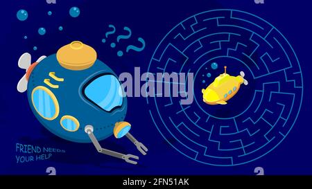 Kinderspiele. Rundes Labyrinth, Labyrinth. Unterwasserabenteuer. Hilf bathyscaphe, seinen gelben U-Boot-Freund aus dem Labyrinth zu retten. Vektor Stock Vektor