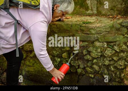 Spaziergang um die Quelle und den Bach Passavets, in Santa Fe de Montseny (Montseny, Katalonien, Spanien) ESP: Paseando en la fuente de Passavets, Montseny Stockfoto