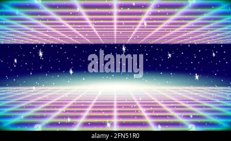 Retro neon Hintergrund mit 80s Laser Raster und Sterne Stil Stock Vektor
