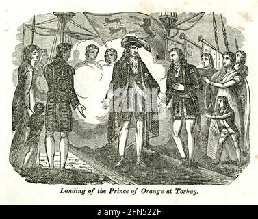 Landung des Prinzen von Orange in Torbay aus dem Buch Geschichte Englands : mit separaten historischen Skizzen von Schottland, Wales und Irland; von der Invasion von Julius Cæsar bis zum Beitritt von Königin Victoria zum britischen Thron. Von Russell, John, A. M., Veröffentlicht 1844 in Philadelphia von Hogan & Thompso Stockfoto