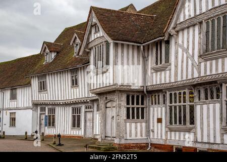 Die Guildhall in Lavenham, Suffolk, einst Zentrum des Wollhandels von East Anglia, stammt aus der Zeit um 1529 und war einst Sitz der Gilde von Corpus Christi. Stockfoto