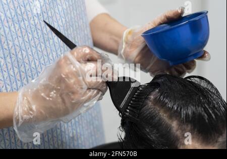 Friseur mit Einweg-Plastikhandschuhen, die die Haarwurzeln einer Frau färben Mit einer Haarbürste Stockfoto