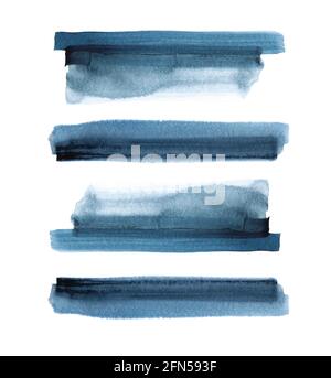 Indigo-Farbflecken, Satz von dunkelnavy-blauen Aquarell-Pigmenten, handgezeichnete Pinselstriche auf Weiß isoliert, Designelemente in maskulinen Farben. Stockfoto
