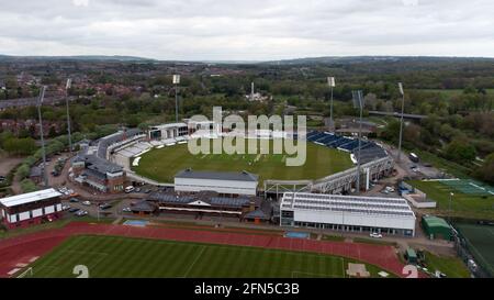 Chester le Street, England, 14. Mai 2021. Eine Luftaufnahme des Riverside Ground in der Chester le Street mit den Flutlichtern während des LV= County Championship-Spiels zwischen Durham und Worcestershire. Quelle: Colin Edwards/Alamy Live News. Stockfoto